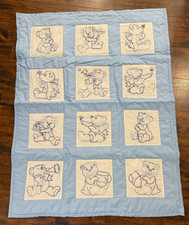 Baby Vintage Handmade 40"x48" Adorable Little Bears Hand Embroidered Quilt