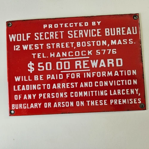 Vintage Original Wolf Secret Service Bureau Boston Porcelain Sign Near Mint