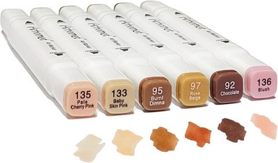 6 Colors Skin Tone Alcohol Markers Set, Skin, Wood, Earth Colors Dual Tips Art M