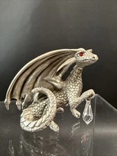 Vtg 90s Comstock Pewter Dragon Figurine Crystal Faux Gemstones 2 3/8” Tall