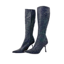 Stivali vintage Roberto Cavalli denim stampa floreale al ginocchio punta alta 37,5