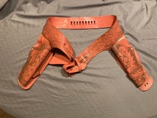 Cowboy Western Double Holster Gunbelt Faux Leather Peach Tan Tooled Belt Costume