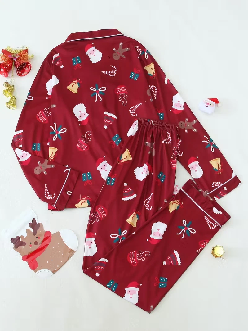 Burgundy Santa Gingerbread Long Sleeve Pajama Set 3D All Over Print