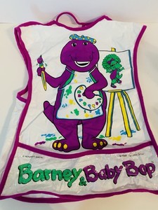 Vintage Barney & Baby Bop Purple White Art Bib Apron Nursery School