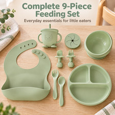 9-Piece Baby Silicone Feeding Set Suction Plate Bowl Bib Cup Utensils Green