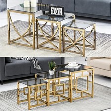 3Pcs Nesting Table Sets Tempered Glass End Table rectangular Living Room 2 Style
