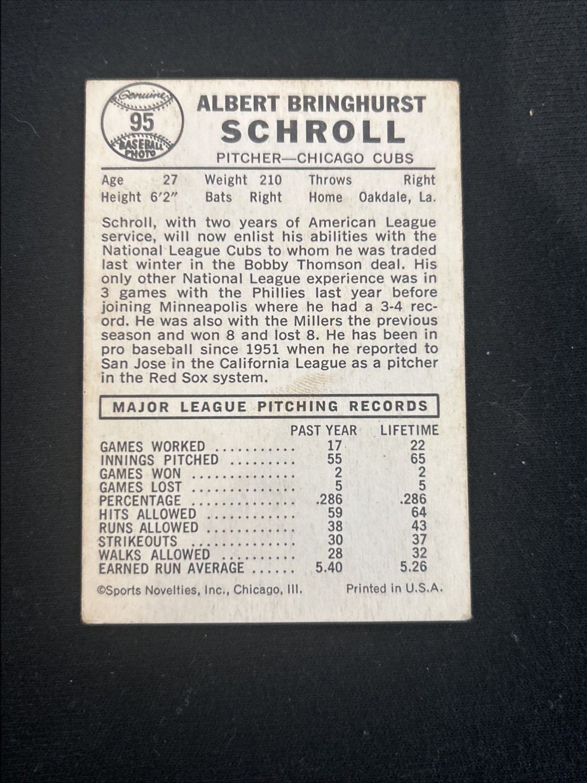 1960 Leaf - Al Schroll #95 Chicago Cubs Vintage Baseball Card VG view 6