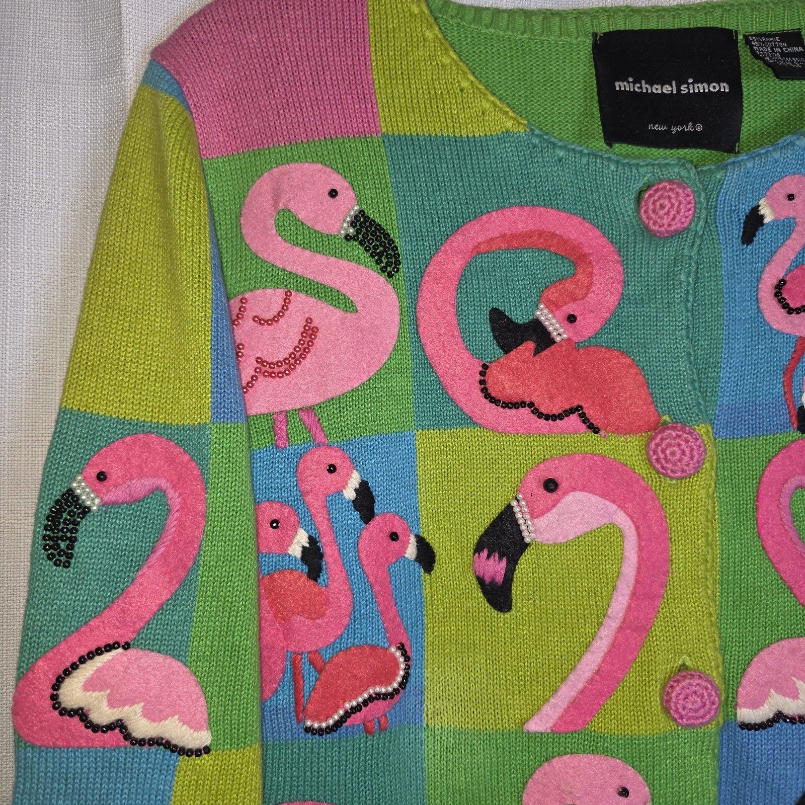 Vtg Michael Simon Flamingo Patchwork Cardigan Swe… - image 5