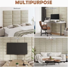 Upholstered Wall Mounted Headboard, 12 Wall Panels Peel and Stick Beige 10x24"