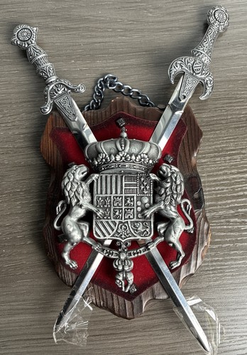 CUSTOM CARVED WALL PLAQUE COAT OF ARMS -3D METAL WOOD 2 SWORD SHIELD