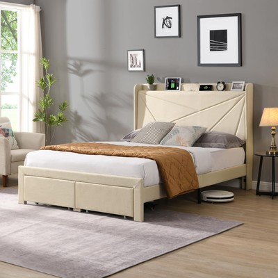KMNAGT QUEEN SIZE UPHOLSTERED BED FRAME - BEIGE