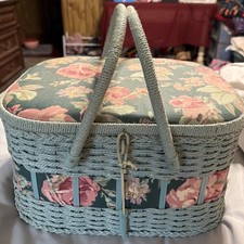 Vintage Mid-Century Azar Wicker Sewing Basket Box Green Floral Cottagecore 14x10