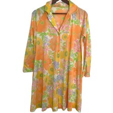 Vintage 60s House Coat Bath Robe M Orange Groovy Mod Floral Silky Long Sleeve
