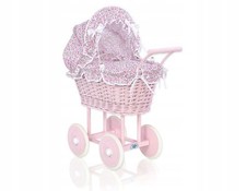 Pink Wicker Doll Pram with High White Pink Bedding & Lining
