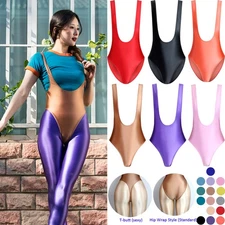 Women Sexy Shiny Jumpsuits One Piece Thong High Cut Backless Leotards Bodysuits