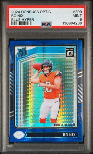 Bo Nix 2024 Panini Donruss Optic #209 Blue Hyper Rookie RC PSA9 MINT