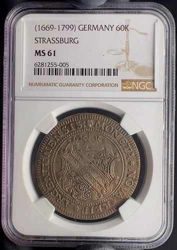 1669-1799 Germany Strassburg 60 Kreuzer 2/3 Thaler NGC MS61 Great Toning! Rare!