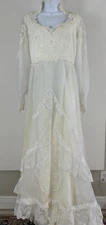 ALFRED ANGELO Vintage 70's ILGWU Ivory Wedding Dress Prarie/Victorian Style Sz 8