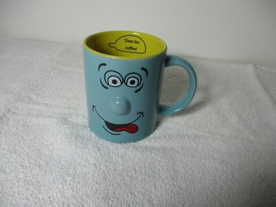 Atico 3D Nose Funny Face Coffee Tea Mug Cup Aqua Blue & Yellow  Time For Coffee 