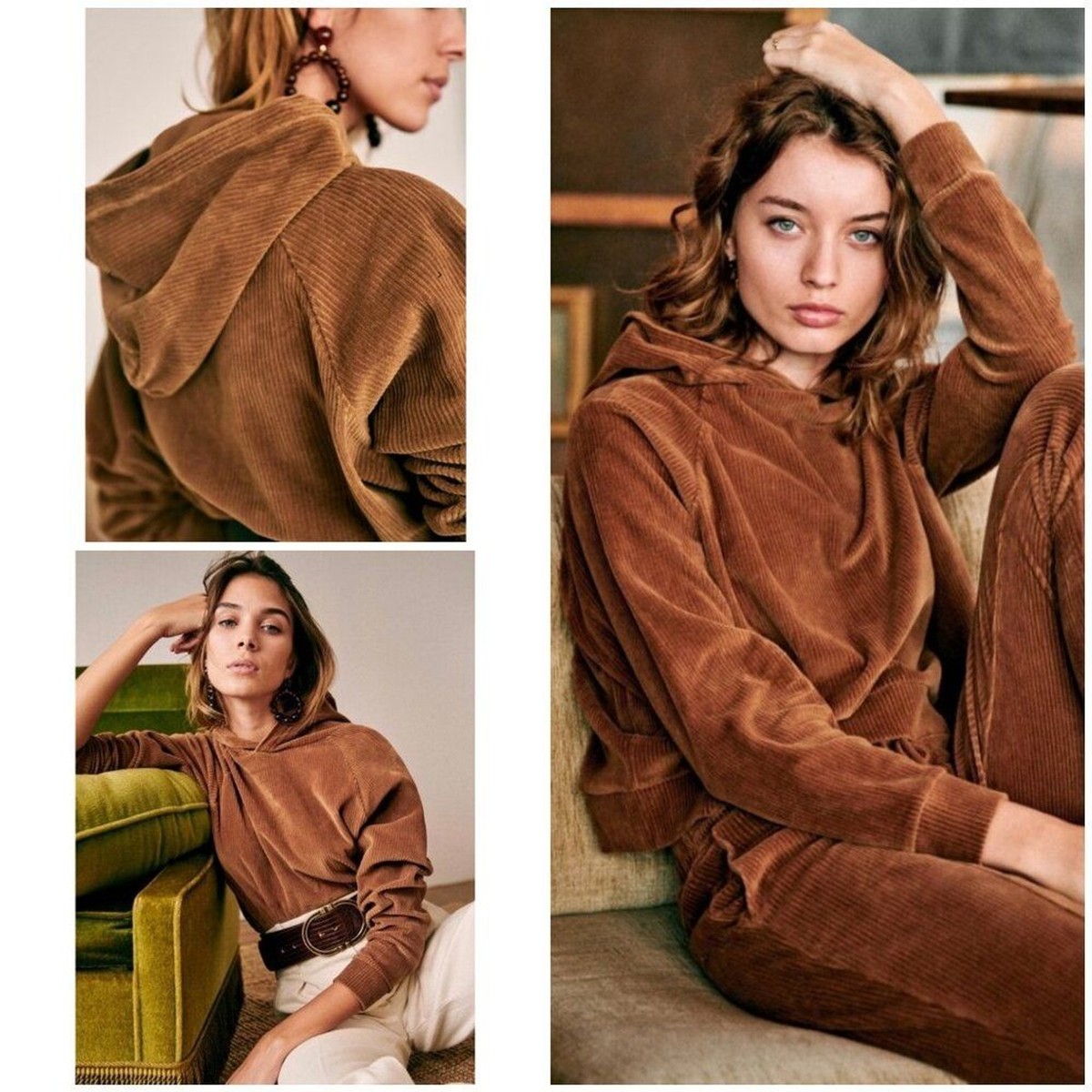 💕SEZANE💕 Mary Corduroy Cropped Hoodie Sweatshirt ~ Camel Brown