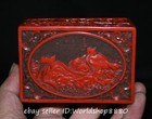 4.2" Old China Wood Carving Great Wall Pattern Words Red lacquerware Square Box