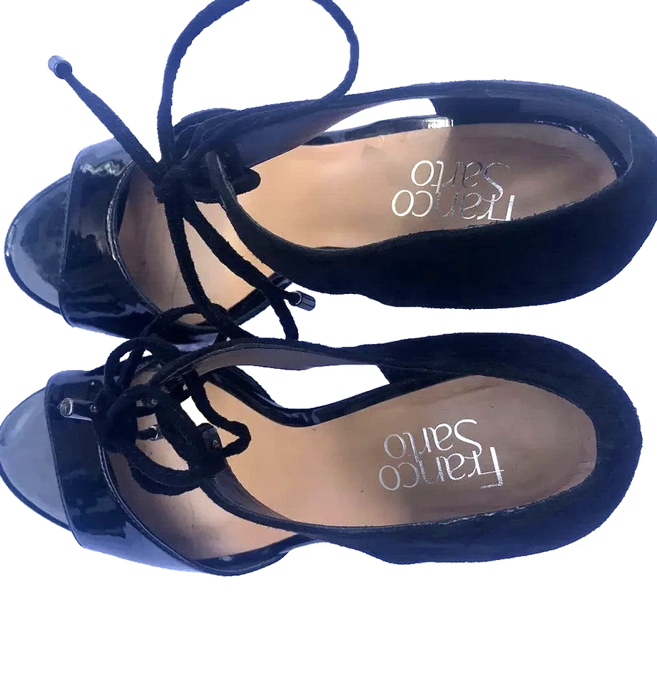 Сандалии на шпильке Franco Sarto глянцевые черные замшевые сзади на шнуровке ремешок на лодыжке 5,5 SS - Изображение 2 из 4