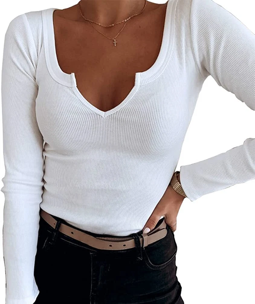 long sleeve white shirt women's v neck