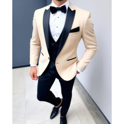 Men Suits Beige Tuxedo 3 Piece Slim Fit Tailored Prom Wedding Groomsmen Suits