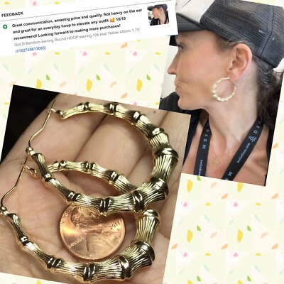 GoLD Bamboo earrings Round HOOP earring 10k real sexy gift her 45mm 