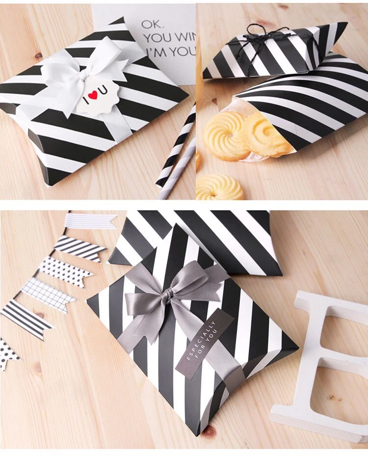 100x Caja de Papel Almohada Rayas Blanco Negro Boda Cumpleaños Baby Shower Cajas de Regalo Foto 3 de 3