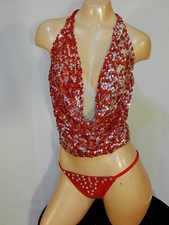 Exotic dancer stripper small red sequin two piece bikini dance outfit-dancewear