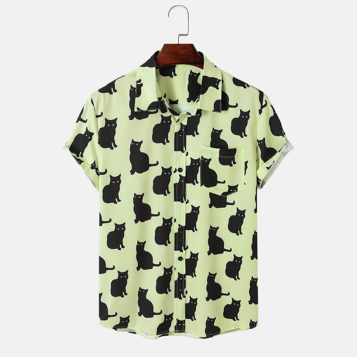 Lapel Meow Print Short Sleeve Shirt for Men Casual Cotton Summer Fashion Top in