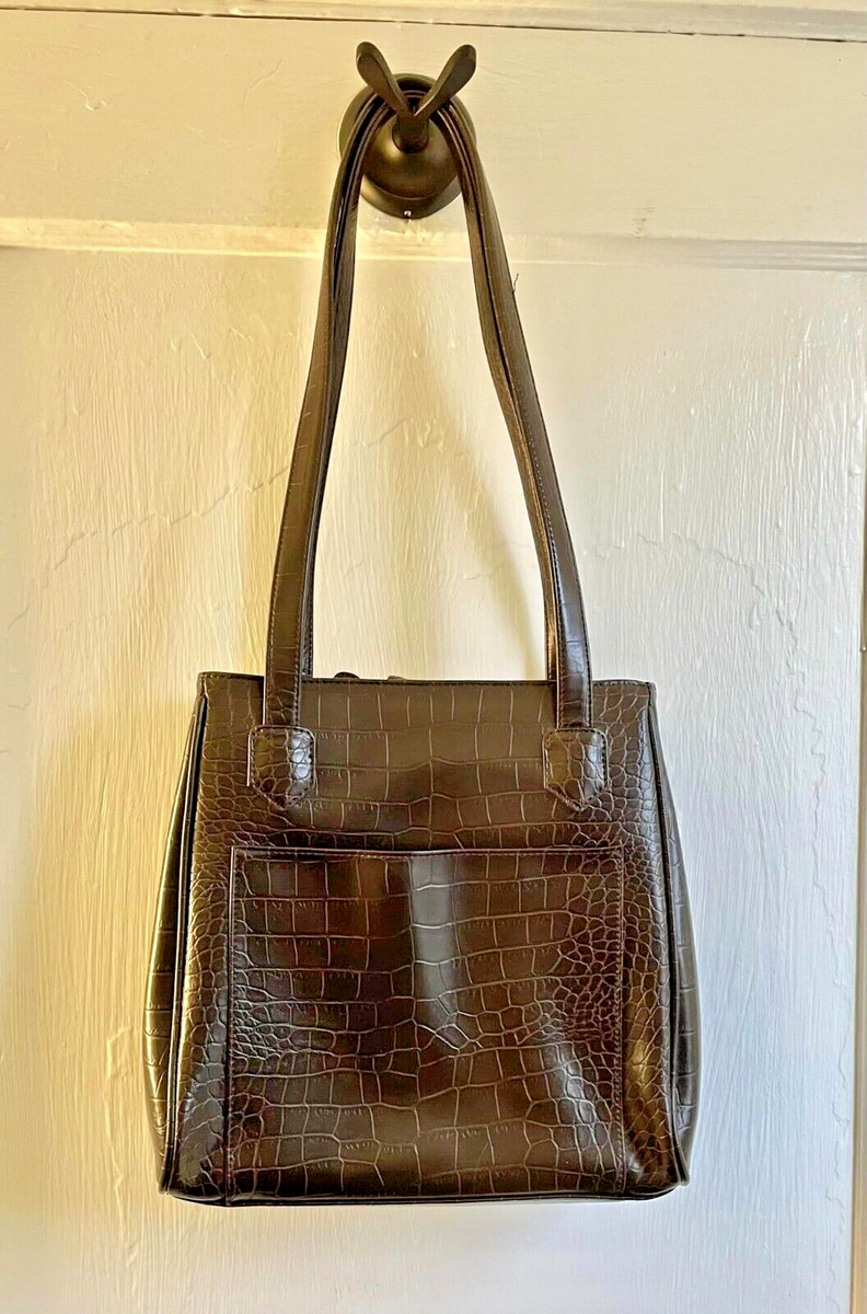 Charter Club Classic Handbag Brown Faux Croc Vegan Leather