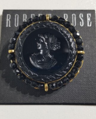 Vintage Robert Rose Onyx Cameo Gold Brooch   New  