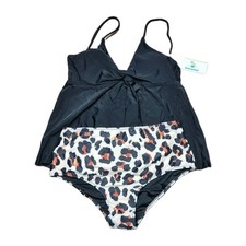 NWT Beachsissi Women's Tankini Set Black Top Animal Print Bottoms L