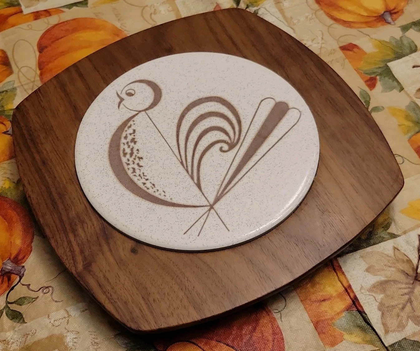 Vintage 1960s MCM Gladmark Wood- Ceramic Rooster Wall Plaque/Trivet 8.5" NICE image 3