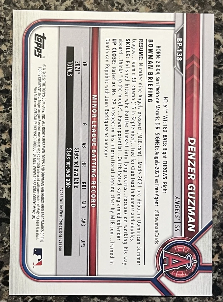 2022 Bowman - Prospects Denzer Guzman #BP-138 Fuchsia Border /299 (RC) - Image 2 of 2