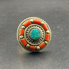Vintage Tibetan handmade turquoise coral beautiful brass ring