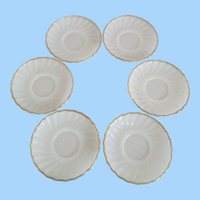 Anchor Hocking Fire King 6 Small Saucers White Swirl Gold Rimmed 5 3/4'' Dia