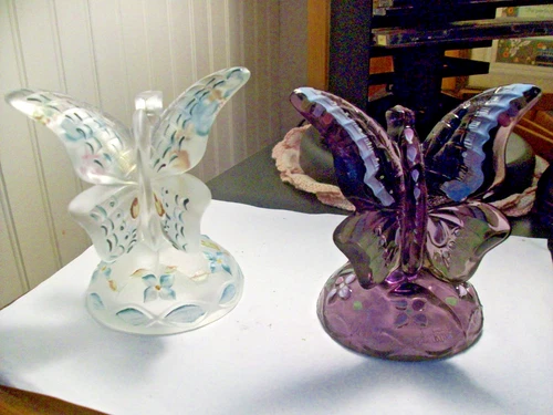 2 FENTON Art Glass hand pnt'd butterflies on branches 1 satin 1 purple signed
