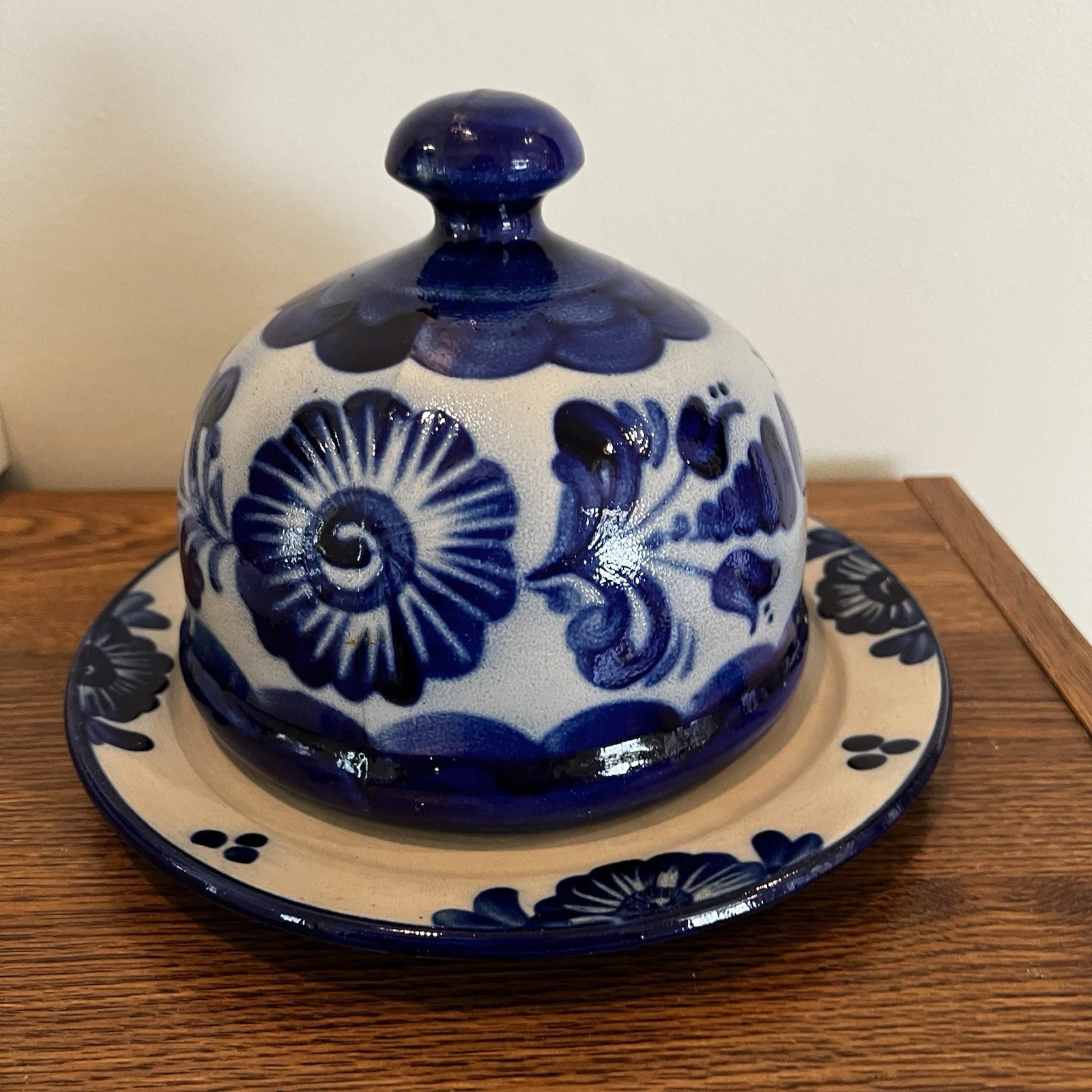Vintage Handmade Glazed Stoneware Covered Cheese or Butter Dish Floral