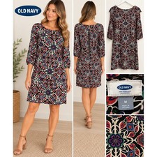 Old Navy Womens Navy Blue Floral Geometric 3/4 Sleeve Shift Dress Size M