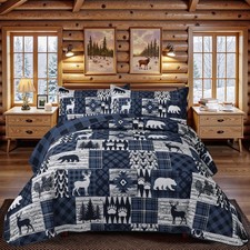 3 Piece Cabin King Size Quilt Sets Farmhouse Rustic King, Bear Blue