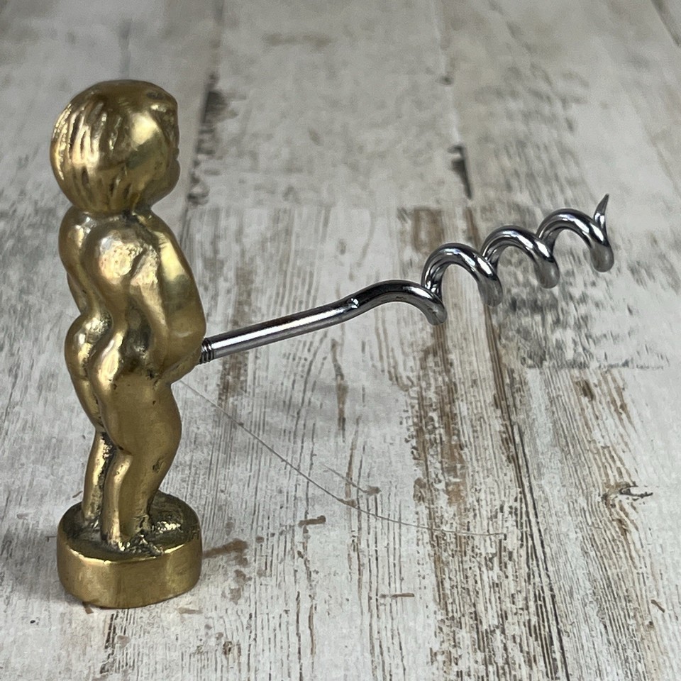 Vintage Brass Corkscrew Naughty Boy Novelty Bottle Opener Barware Collectable
