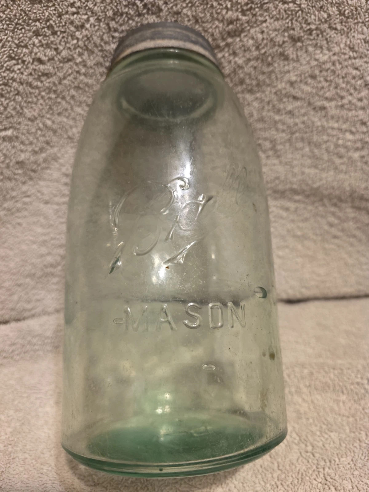 Ball Mason glass canning jar Light Green 1/2 Gallon orig. zinc & milk glass #5