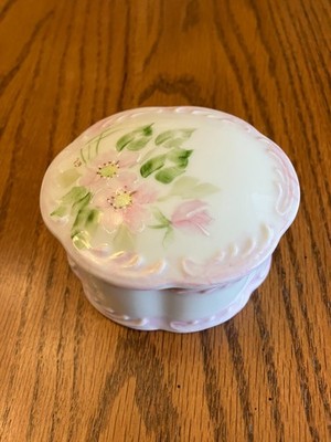 Vintage Hand-Painted Porcelain Trinket Box Pink Wild Roses Signed Gold Accents