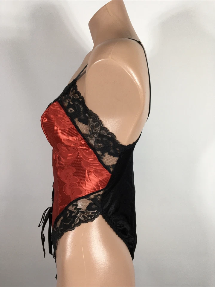 De Colección Rojo Negro Aspecto Húmedo Satinado Teddi Corte Alto Peluche Mameluco Body Lencería Años 90 S Foto 4 de 4