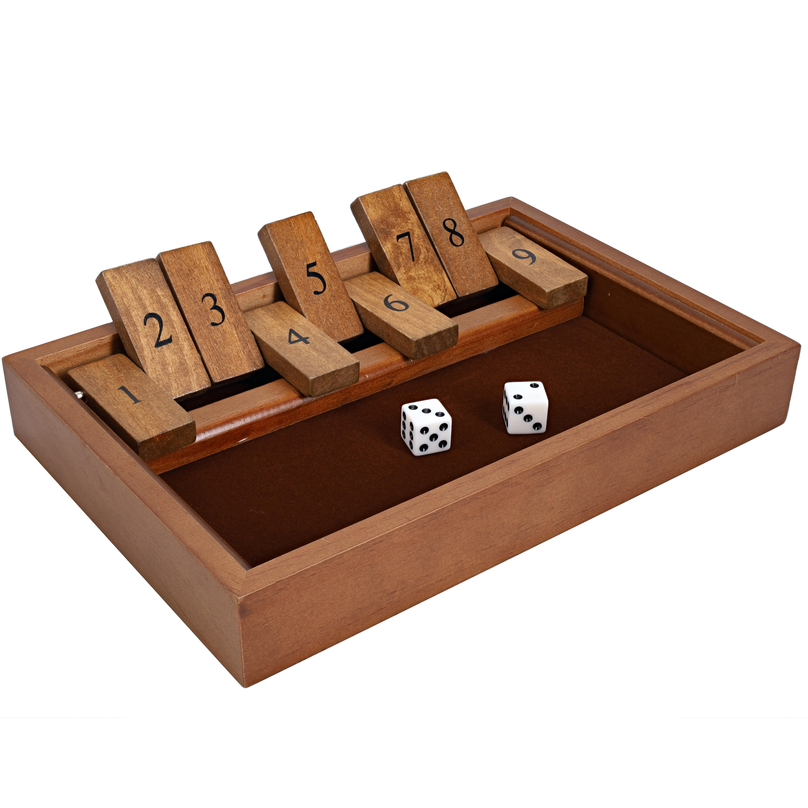 S Dice Board Game, 9 Number Flip Tiles, Dark Stained Wooden 