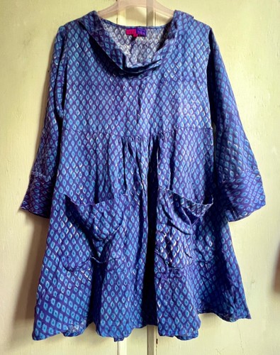 NILA RUBIA Tunic Top Small Blue Cotton Hand Block Printed Pockets Long Sleeves - Picture 4 of 9