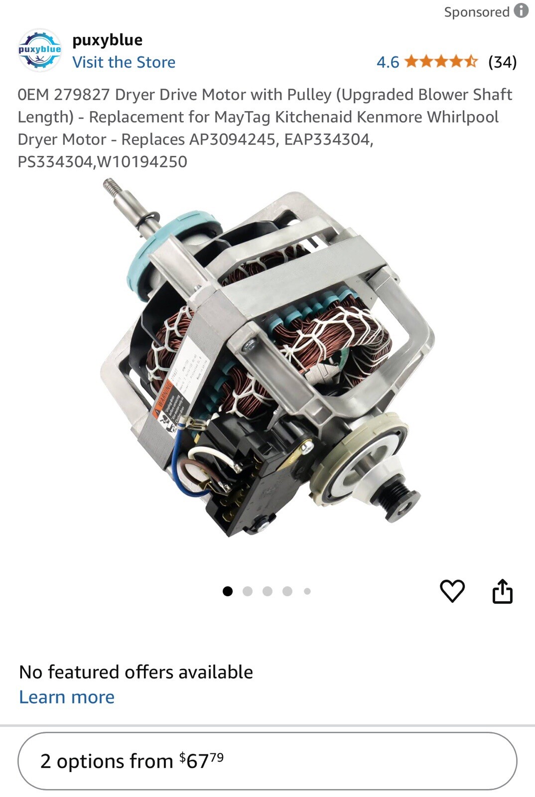 Replacement For MayTag, Kitchen aid, Kenmore, Whirlpool Dryer Motor With Pulley